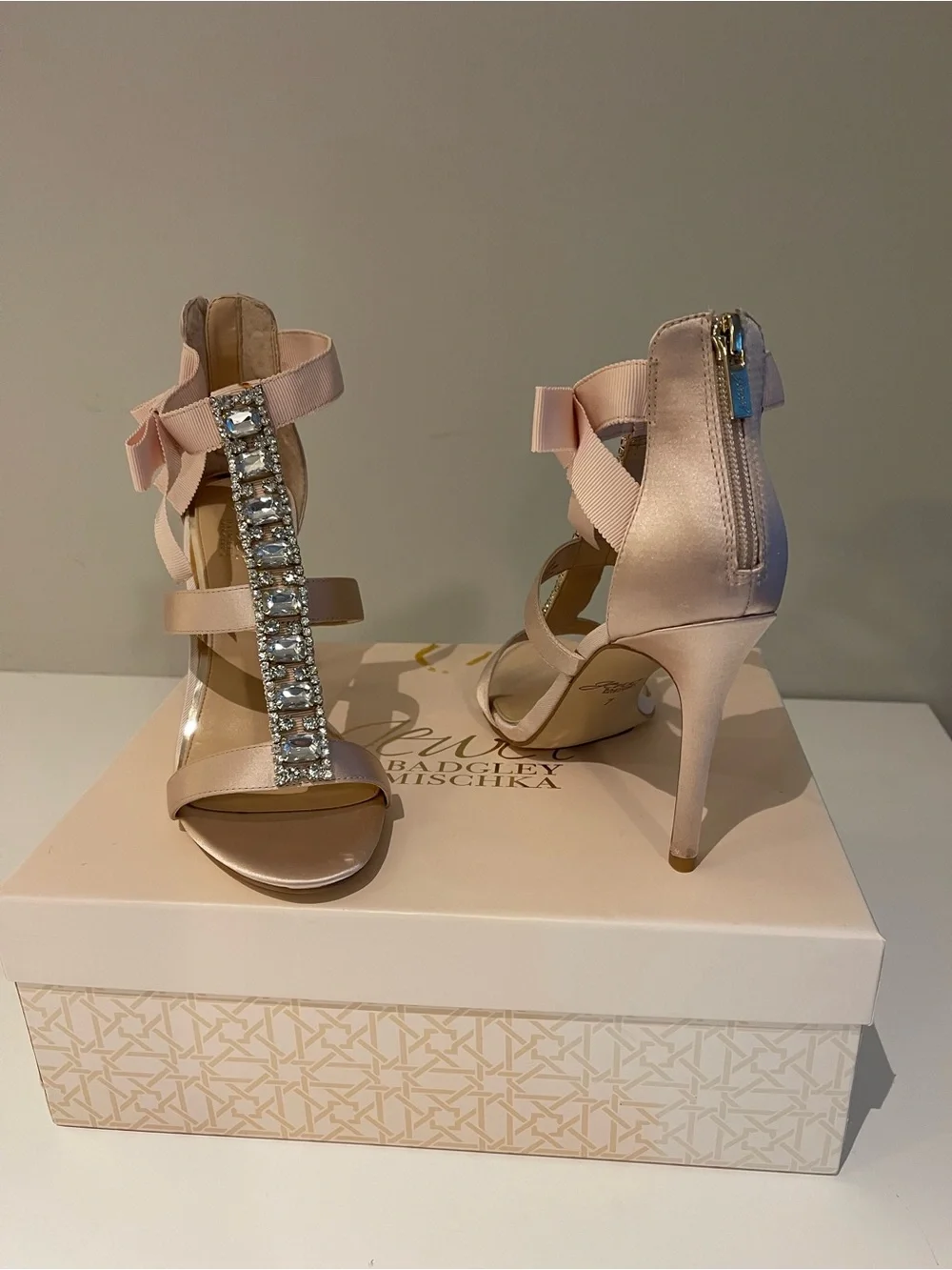 Jewel Badgley Mischka Blush Pink Satin T-Strap Heels with Rhinestone Bow